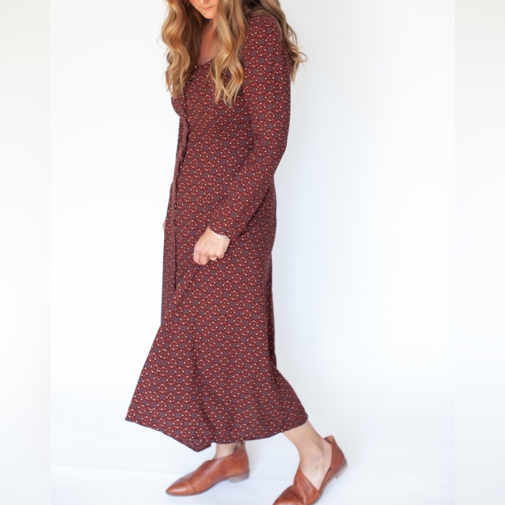 Vintage Le Chateau midi maxi dress | burgundy print | Fall | made in Canada